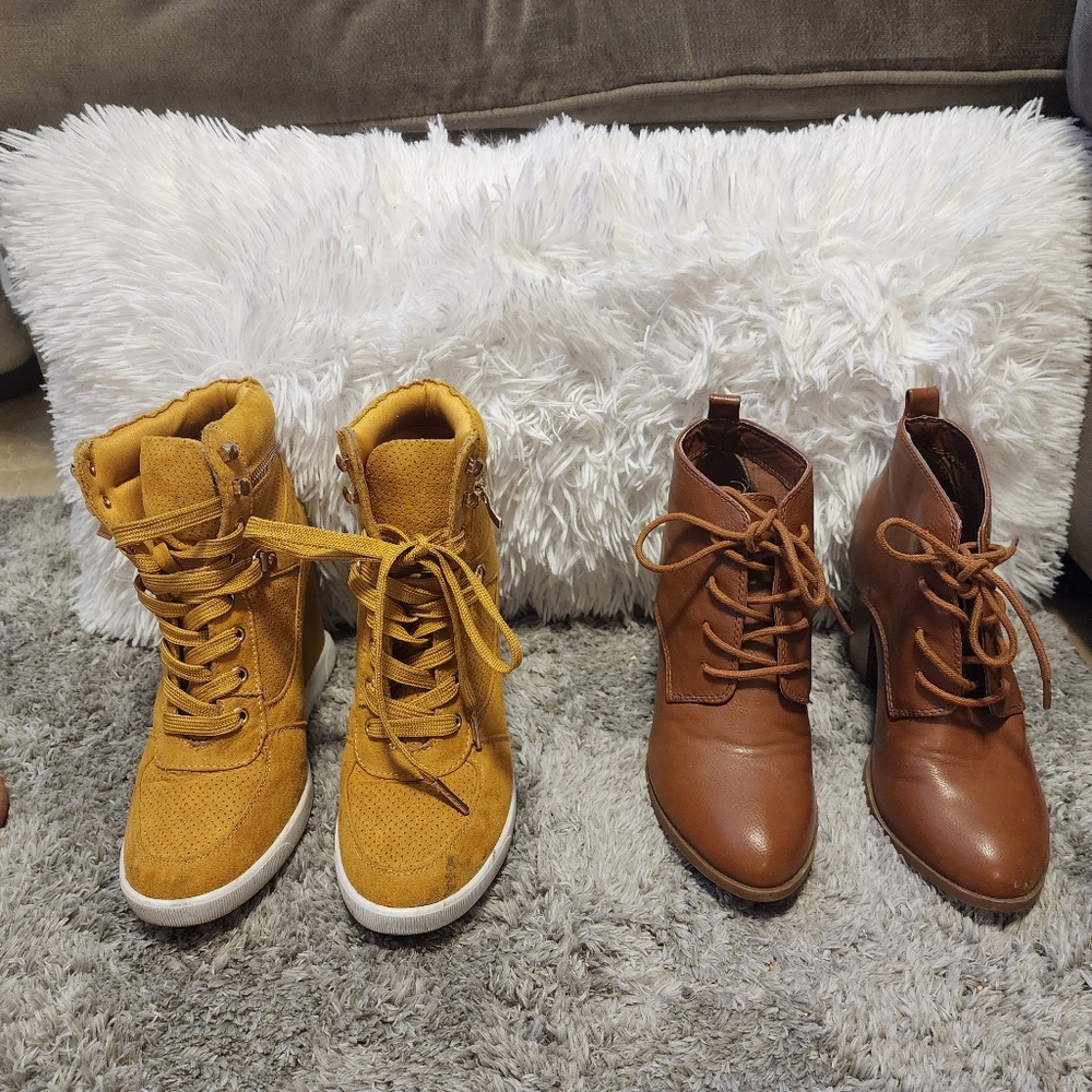 Orange shoes size 7 Bronw shoes size 6 Both for 8 dollar